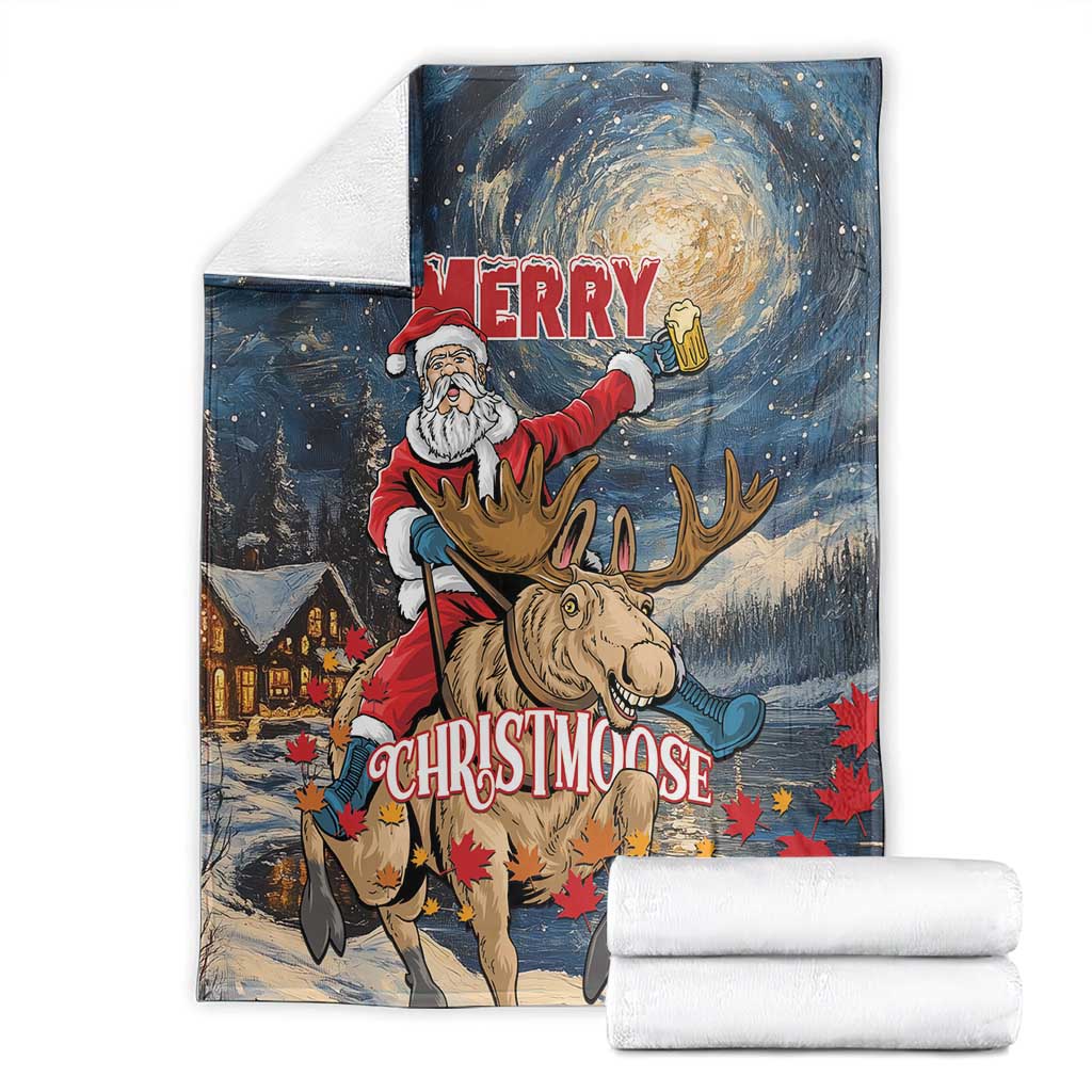 Holiday blanket folded, Santa riding a moose on a starry night with “Merry Christmoose”