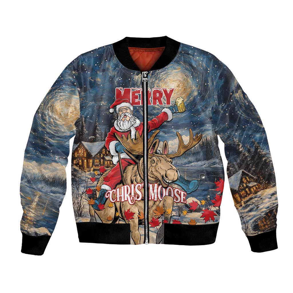 Unisex bomber jacket with starry night Santa and moose graphic, zip front