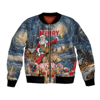 Unisex bomber jacket with starry night Santa and moose graphic, zip front
