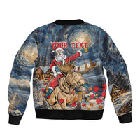 Unisex bomber jacket with Santa riding moose and 'YOUR TEXT' graphic, zip front