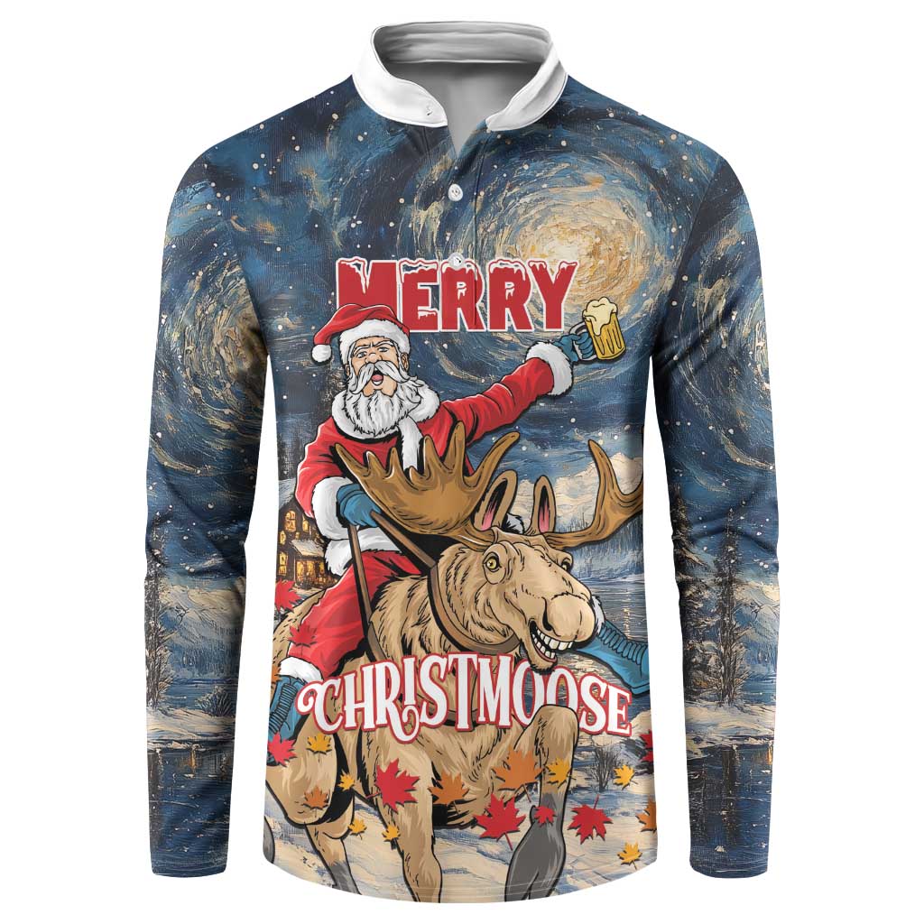 Button sweatshirt with Santa riding moose and 'MERRY CHRISTMOOSE' front graphic