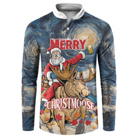 Button sweatshirt with Santa riding moose and 'MERRY CHRISTMOOSE' front graphic