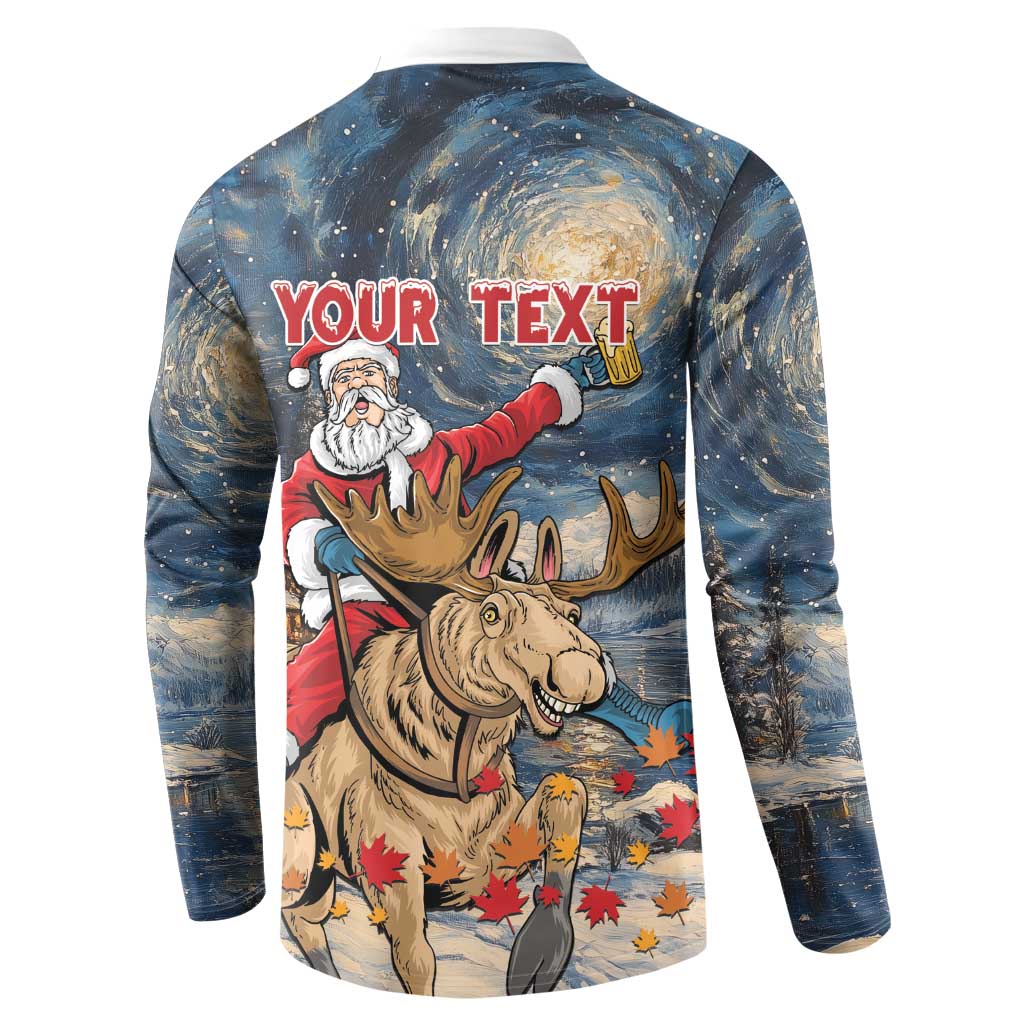 Back view button sweatshirt with Santa riding moose and 'YOUR TEXT' banner