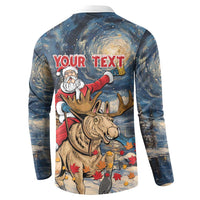 Back view button sweatshirt with Santa riding moose and 'YOUR TEXT' banner