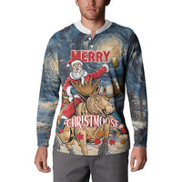 Button sweatshirt worn by model with Santa riding moose and 'CHRISTMOOSE' graphic