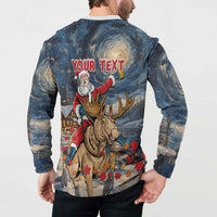 Back button sweatshirt with Santa riding moose and 'YOUR TEXT' over holiday graphic