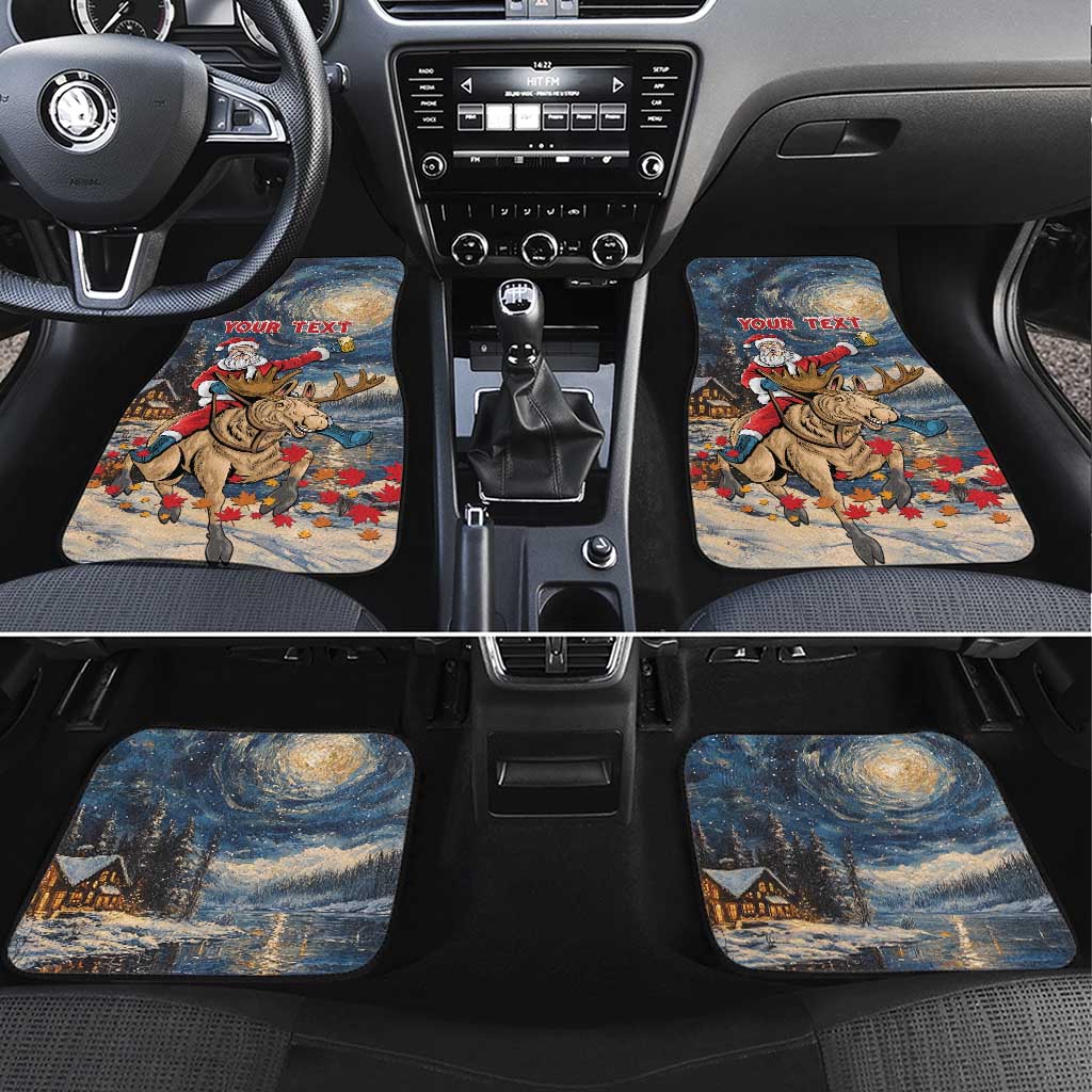 Car floor mats with Santa riding moose in starry night, with 'YOUR TEXT' (front pair)