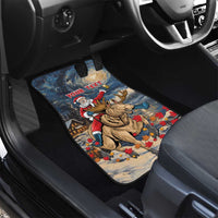 Car floor mat for rear seat with Santa riding moose, starry night scene, 'YOUR TEXT'