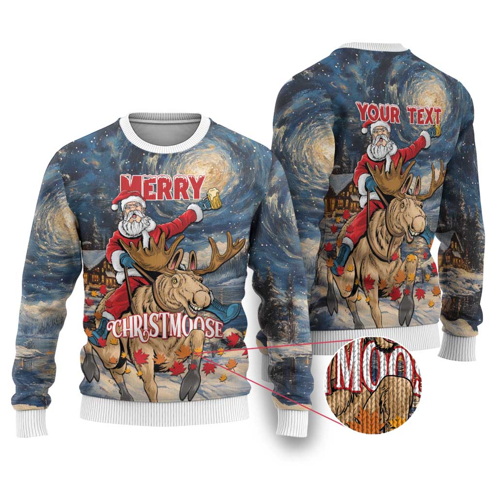 Ugly Christmas sweater set with front 'MERRY...' and back 'YOUR TEXT' on blue art.
