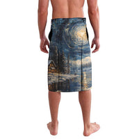 Men's printed starry night shorts with snowy woods and winding path graphic