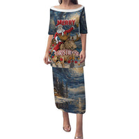 Long off-shoulder dress, starry night print with Santa/moose and 'MERRY CHRISTMAS'.