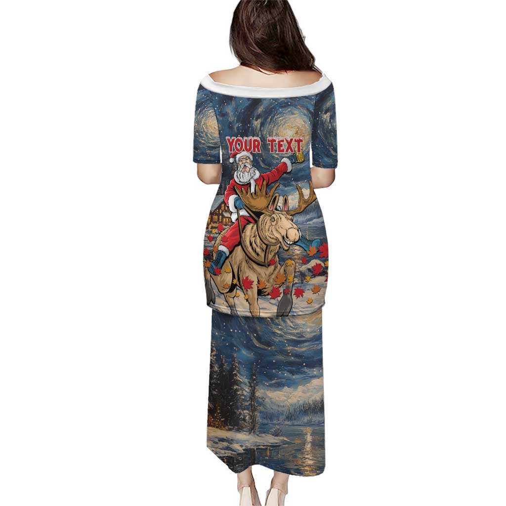 Long off-shoulder dress, starry night print with Santa/moose and 'YOUR TEXT'.