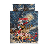 Christmas quilt bed set with Santa and moose, blue starry design, includes two pillowcases