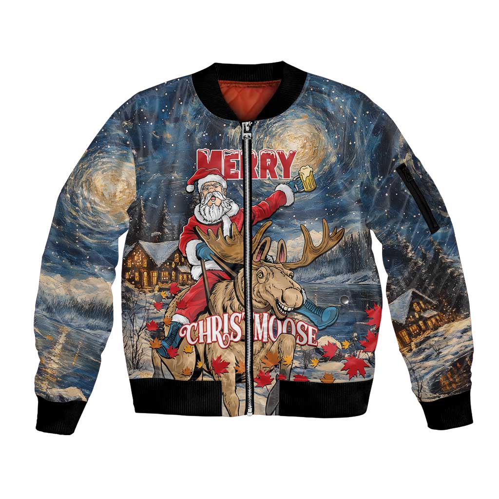 Unisex zip-up bomber jacket with Santa, moose rider and winter town graphic
