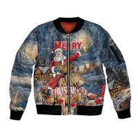 Unisex zip-up bomber jacket with Santa, moose rider and winter town graphic
