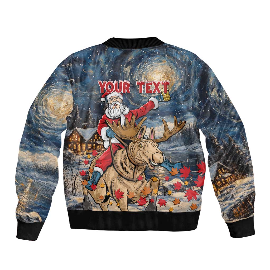 Unisex zip-up bomber jacket with Santa and moose, red placeholder text 'YOUR TEXT'