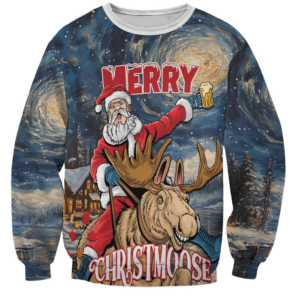 Unisex Christmas sweatshirt with Santa riding moose and starry night Merry Christmoose art