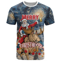 Graphic T-shirt with Santa riding a moose and “Merry Christmoose” text