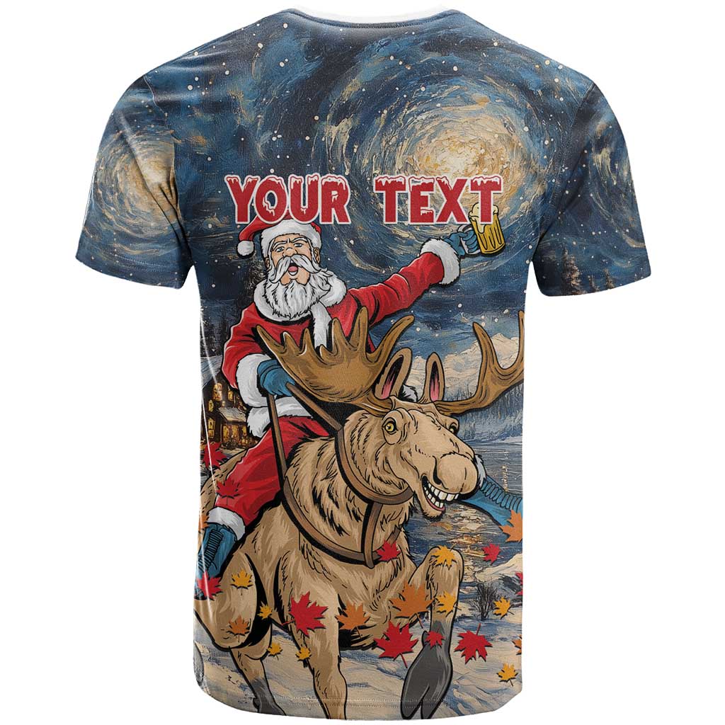Graphic T-shirt back with Santa riding a moose and “YOUR TEXT” banner