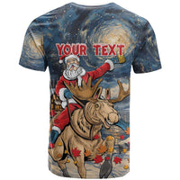 Graphic T-shirt back with Santa riding a moose and “YOUR TEXT” banner