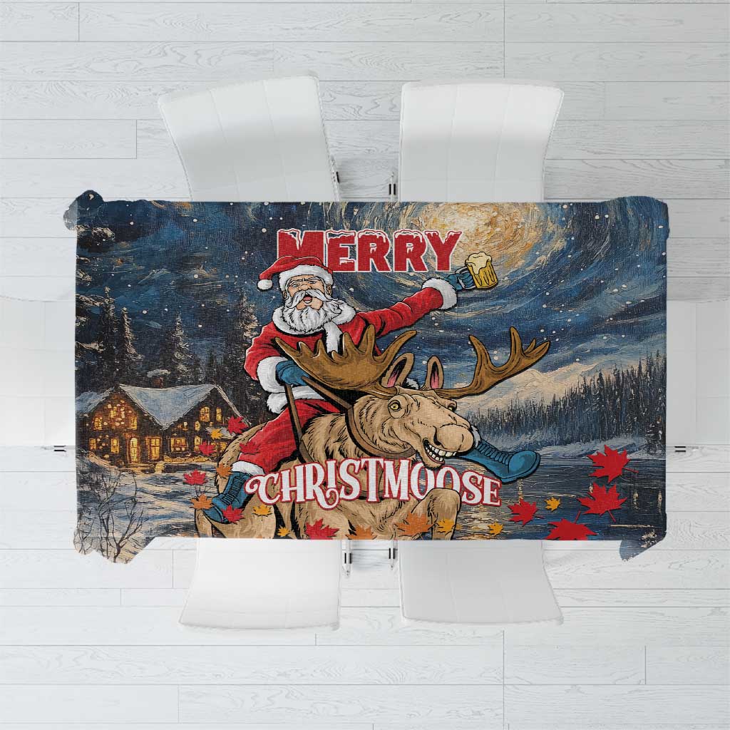 Christmas tablecloth with Santa riding a moose under a starry night sky