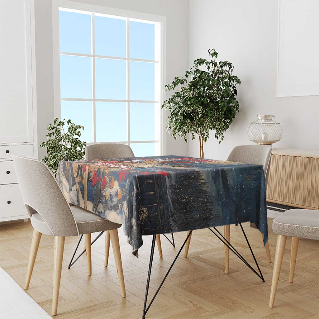 Blue Christmas tablecloth with winter woodland and colorful leaf motifs