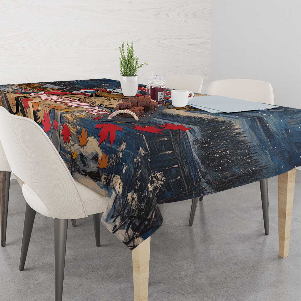 Blue tablecloth with colorful leaf and forest silhouette design