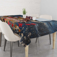 Blue tablecloth with colorful leaf and forest silhouette design