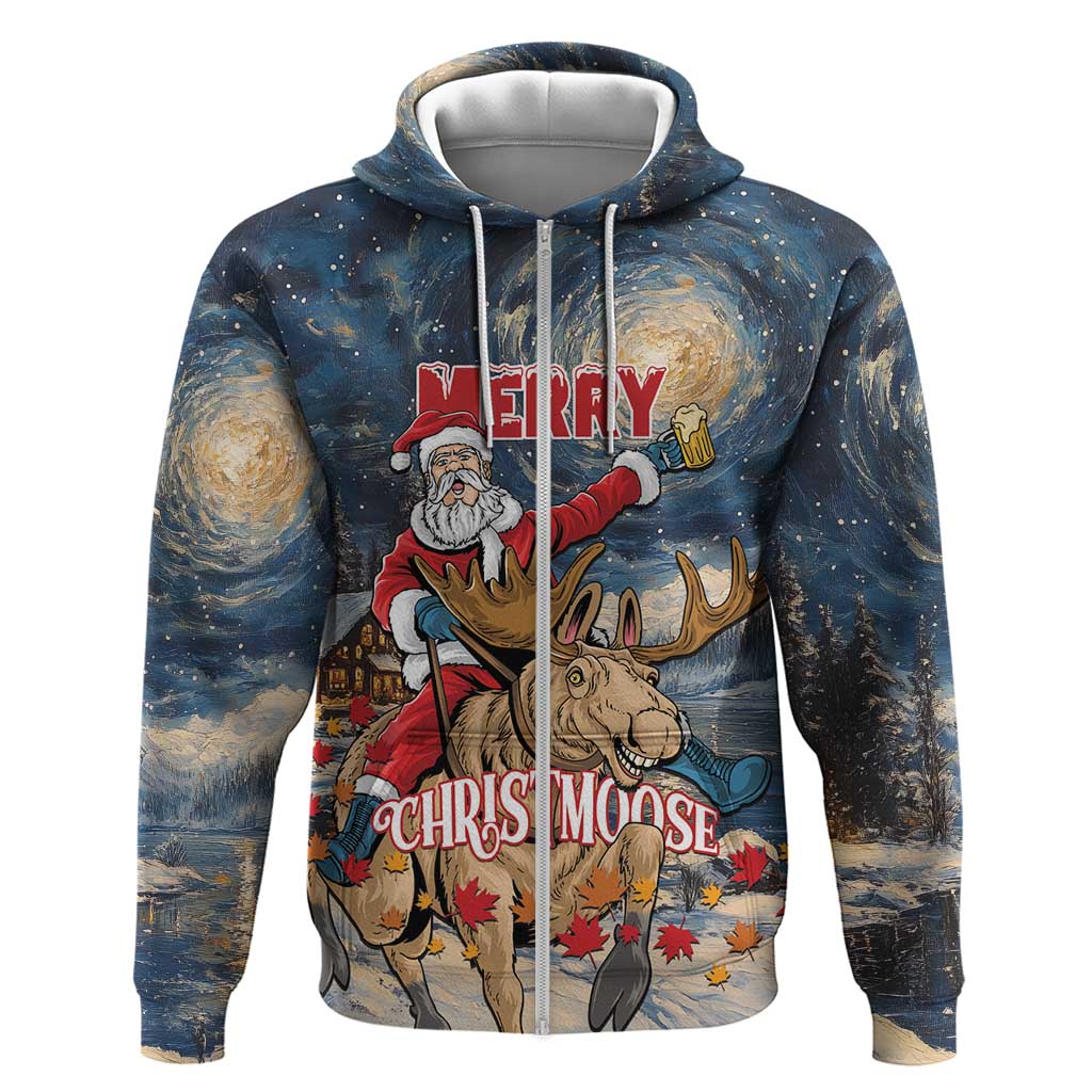 Personalized Merry Christmoose Zip Hoodie Santa Claus Riding Moose Starry Night - Wonder Print Shop