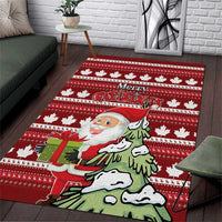 Red Christmas area rug with Santa, reindeer, and maple leaf pattern border