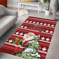 Red holiday area rug featuring Santa holding a gift amid white maple leaves