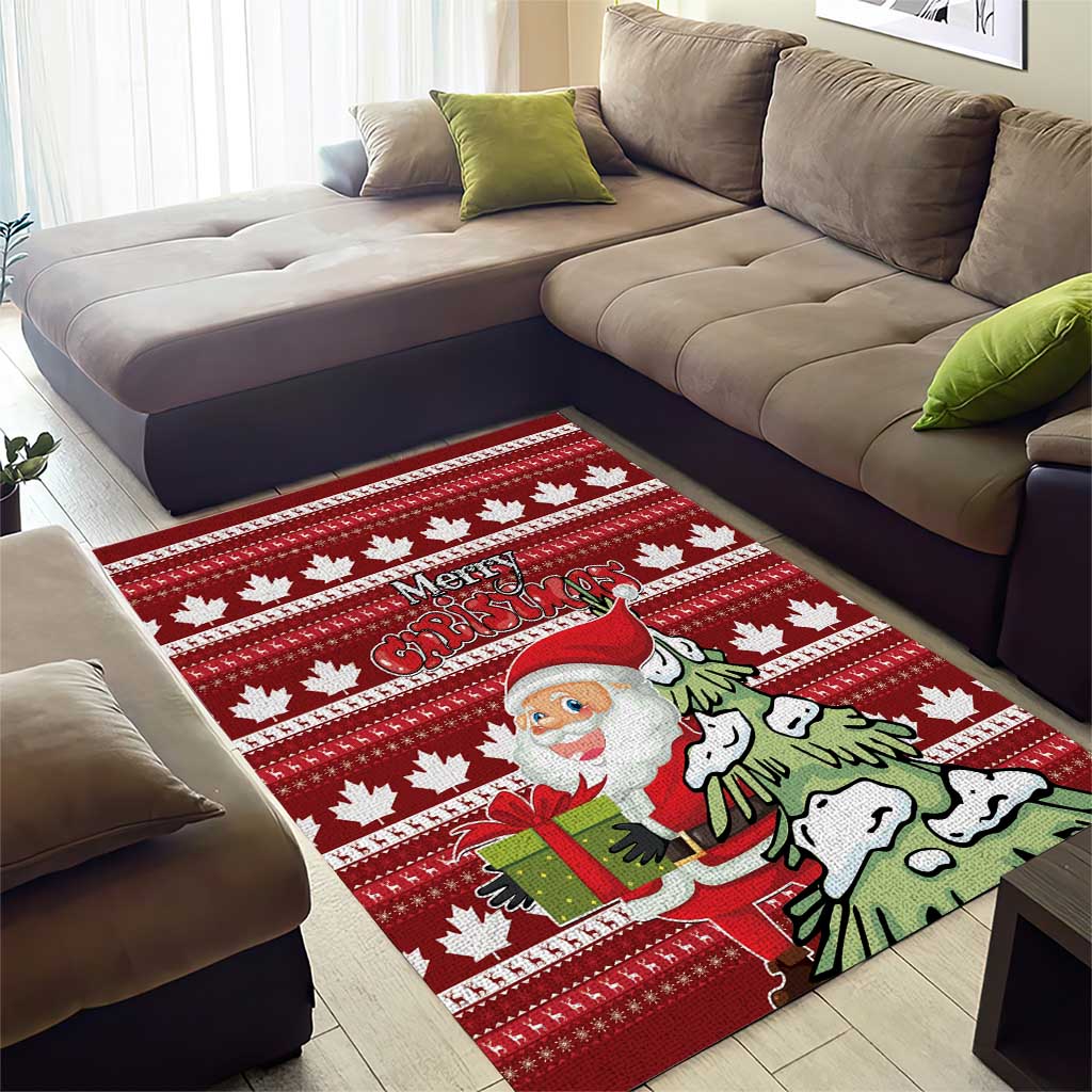 Red Christmas rug with Santa and gift graphic, white maple leaf stripe pattern