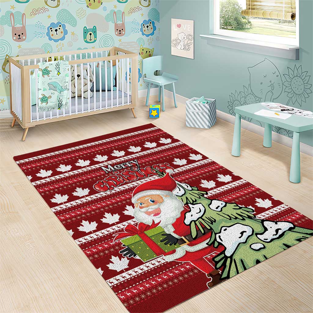 Red holiday area rug with Santa, gift, and maple leaf design for living room decor