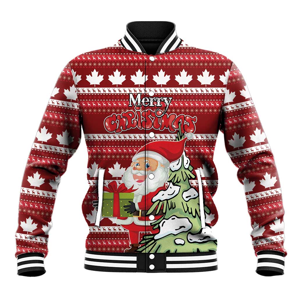 Red Christmas baseball jacket with maple leaf pattern, Santa graphic, striped ribbed collar