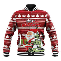 Red Christmas baseball jacket with maple leaf pattern, Santa graphic, striped ribbed collar