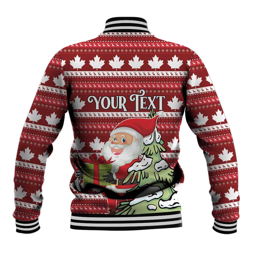Red Christmas baseball jacket back, maple leaf pattern, Santa graphic, 'YOUR TEXT' panel
