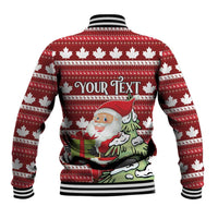 Red Christmas baseball jacket back, maple leaf pattern, Santa graphic, 'YOUR TEXT' panel