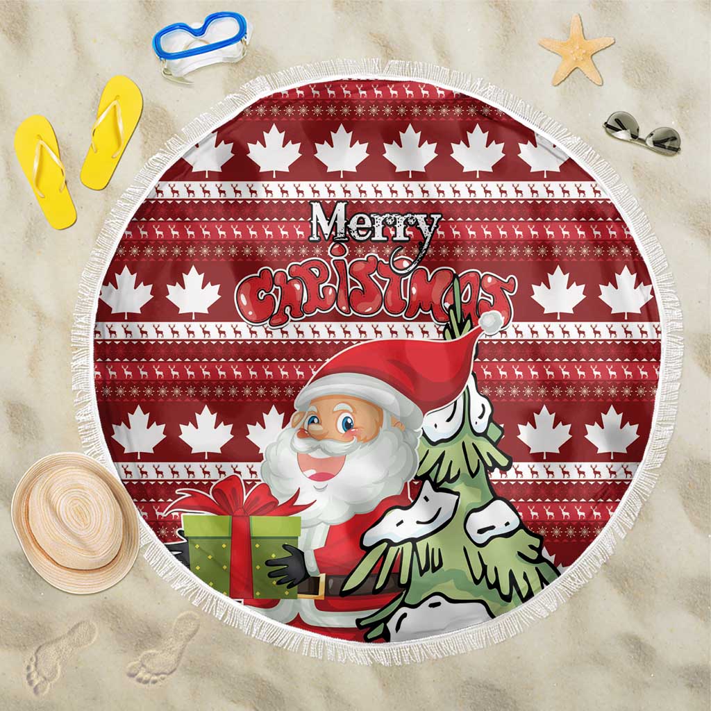 Red round fringed Christmas beach blanket with Santa, 'Merry Christmas' and maple leaf pattern