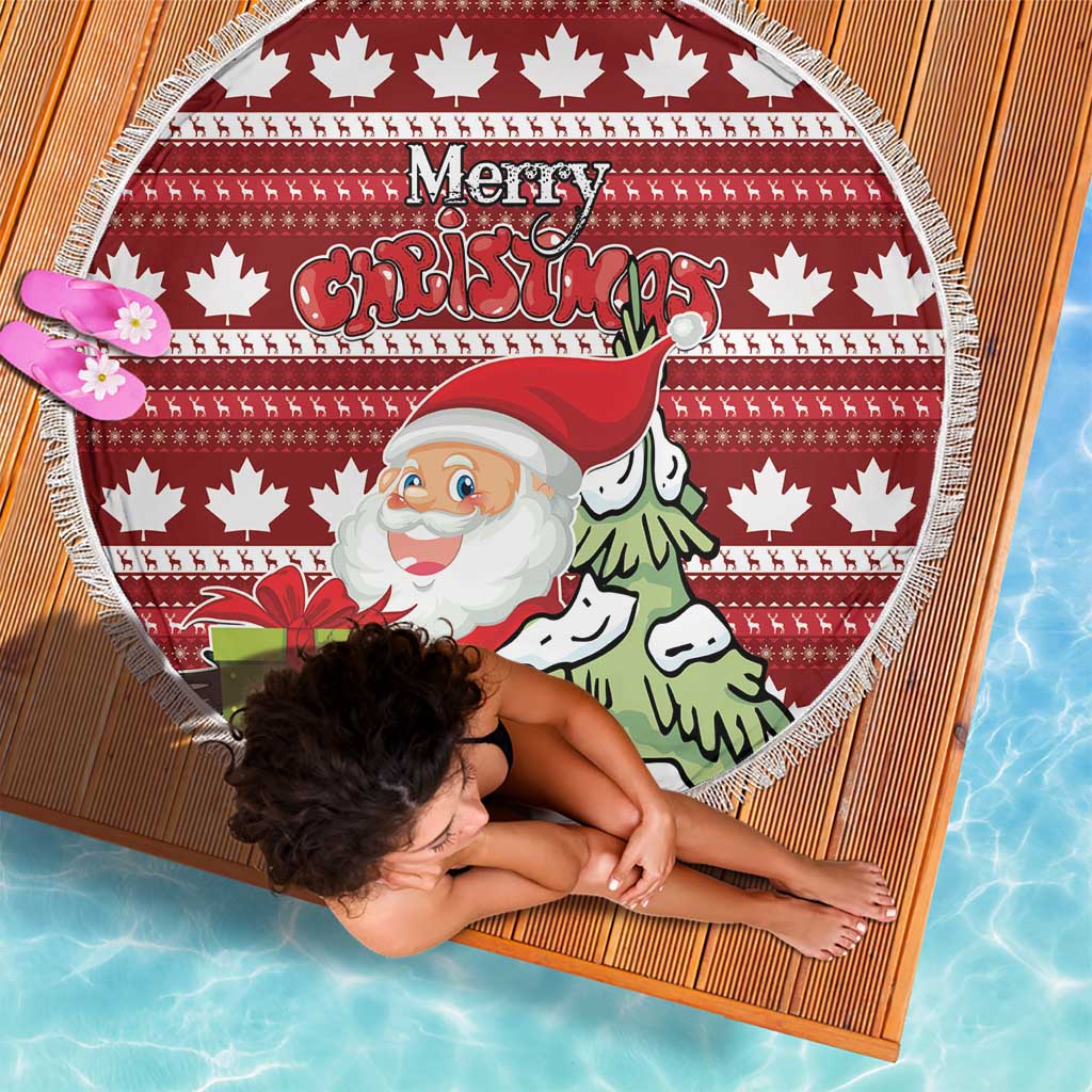 Red round fringed blanket with Santa holding gift, 'Merry Christmas' and white maple leaves