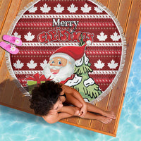 Red round fringed blanket with Santa holding gift, 'Merry Christmas' and white maple leaves
