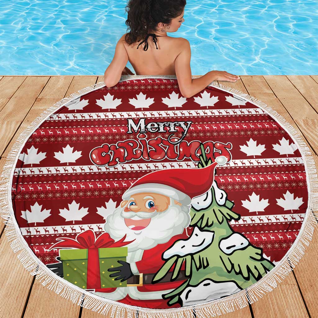 Red round fringed Christmas blanket showing Santa, tree, dog, and 'Merry Christmas' text