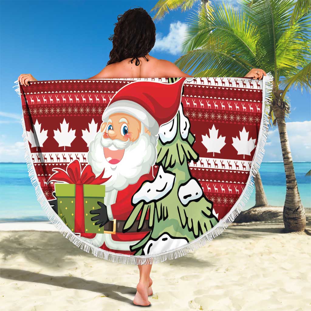 Red round fringed Christmas beach blanket with Santa and green tree, 'Merry Christmas'