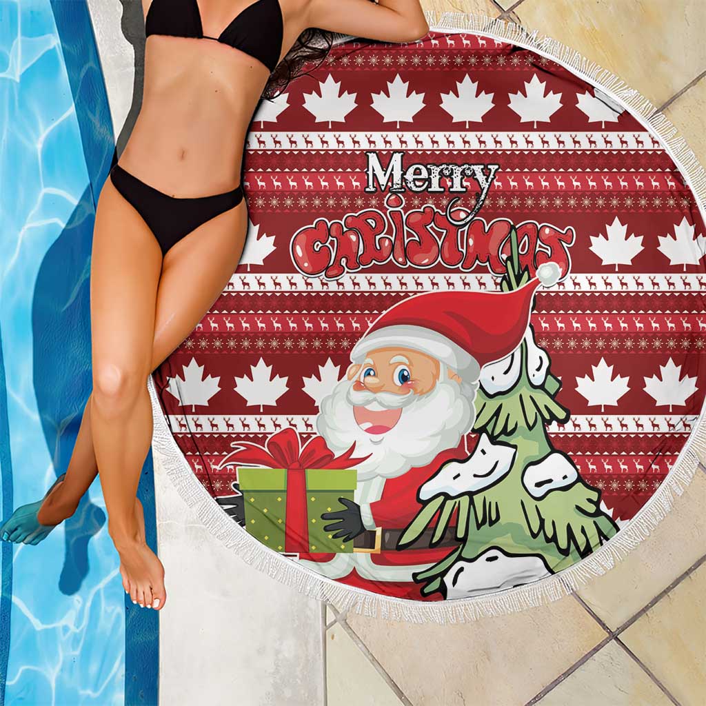 Red round fringed Christmas beach blanket with Santa, gift, and 'Merry Christmas' lettering