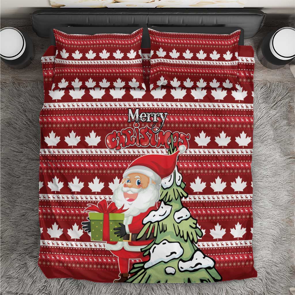 Red Christmas bedding set with maple leaf pattern, Santa and tree graphic, 2 pillowcases