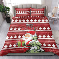 Red Christmas bedding set with maple leaf pattern, Santa and Christmas tree on comforter, 2 pillows