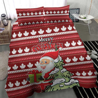 Red Christmas bedding set with maple leaf pattern, “Merry Christmas” text and Santa graphic