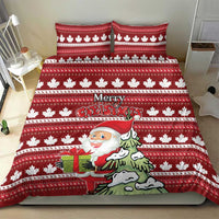 Red Christmas bedding set with maple leaf pattern, Santa and tree artwork, two pillowcases