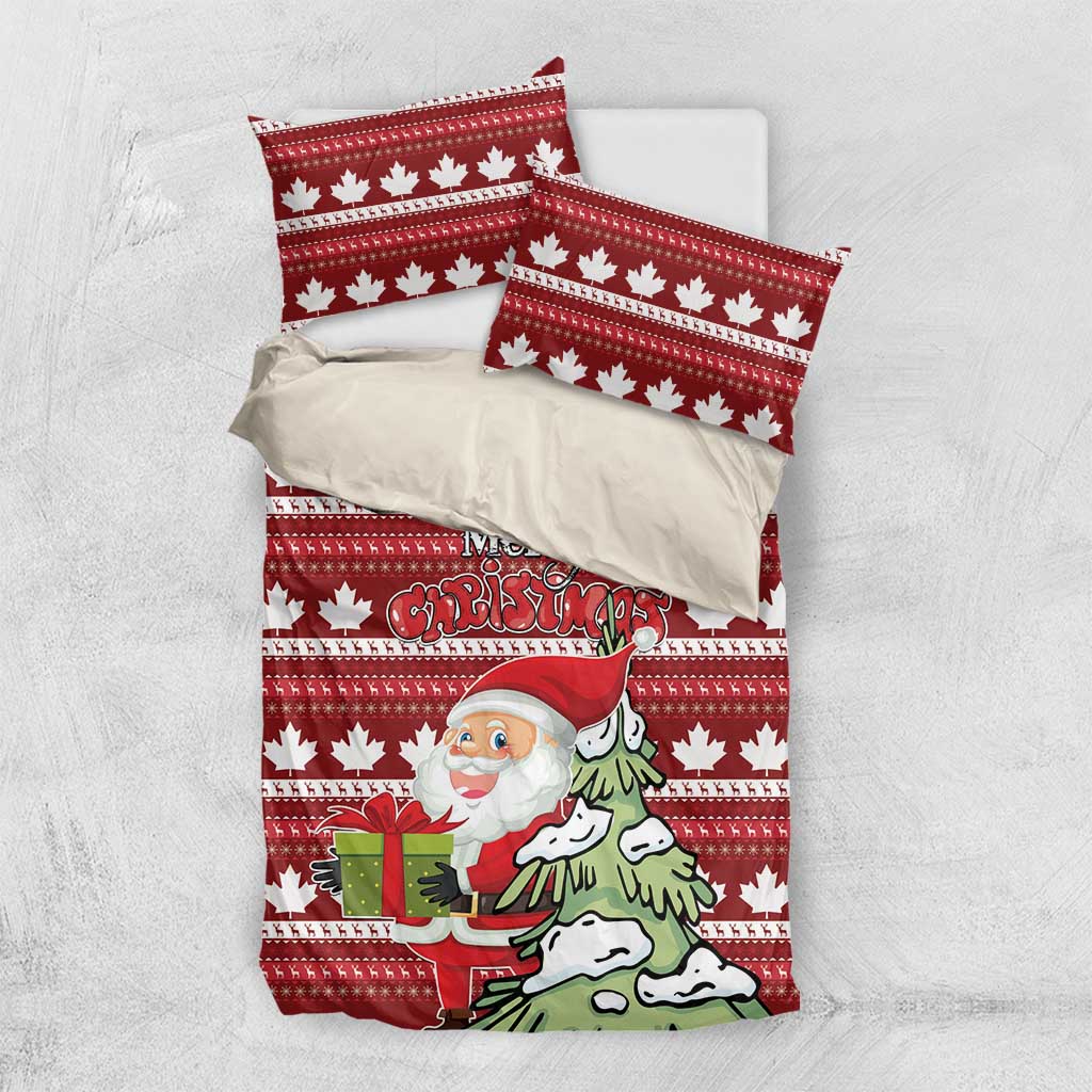 Red Christmas bedding set with maple leaf stripe pattern, Santa and tree graphic, fitted comforter set
