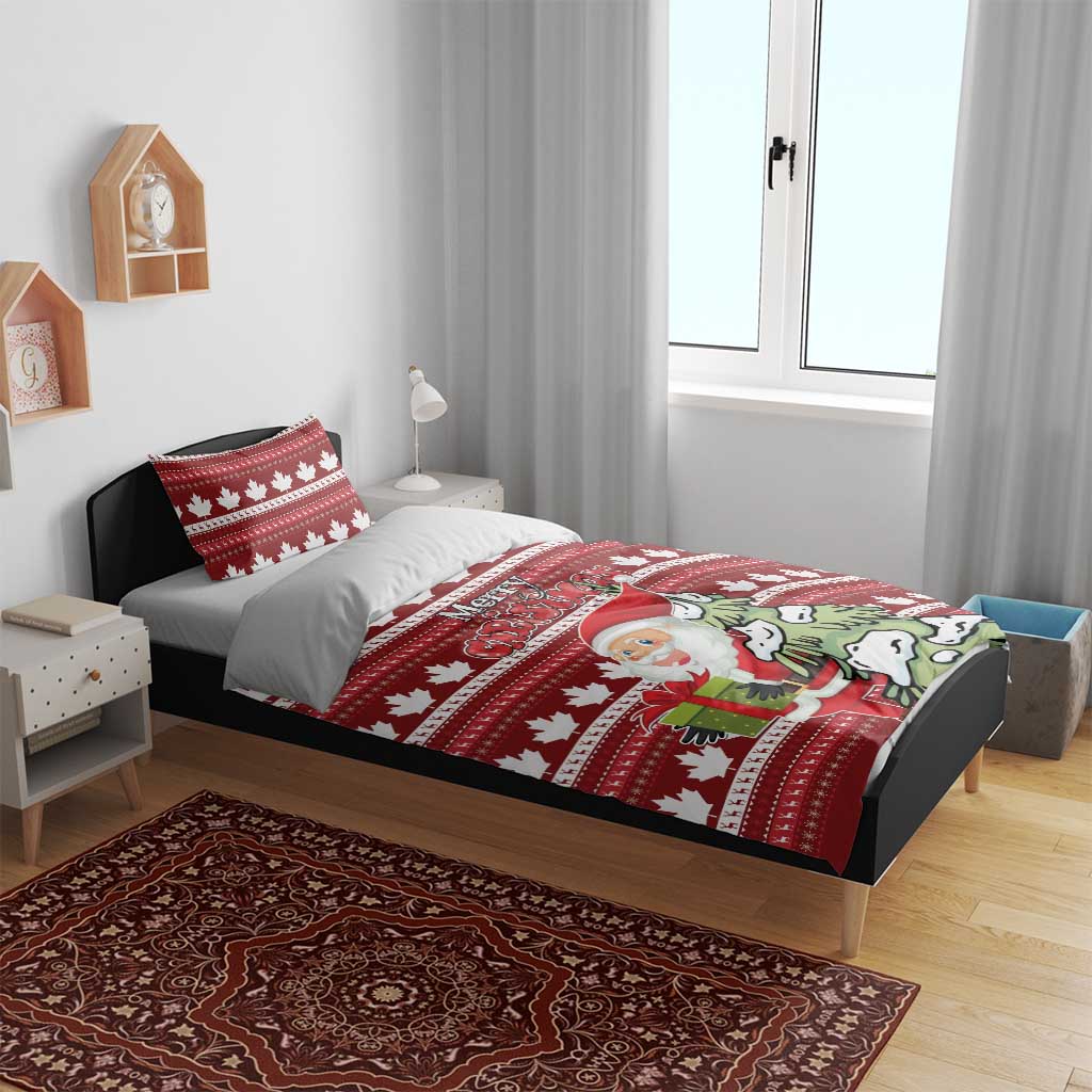 Red Christmas bedding set with maple leaf pattern, Santa and tree artwork on bed with two pillows
