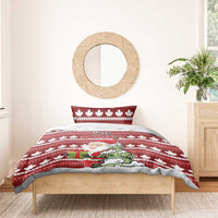 Red Christmas bedding set with maple leaf pattern, Santa and tree graphic on duvet, 2 pillows
